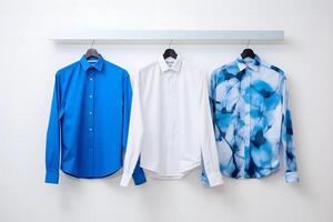 Sombrio azul, branco e azul cor masculino manga longa camisas, suspensão em a parede, branco fundo, gerado ai foto