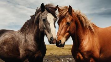 uma fechar-se do dois cavalos dentro mútuo consolo. foto