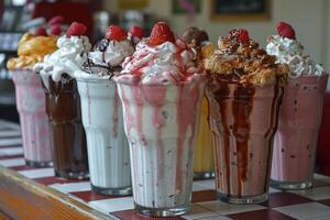 vários milkshakes com creme em uma contador profissional publicidade Comida fotografia foto