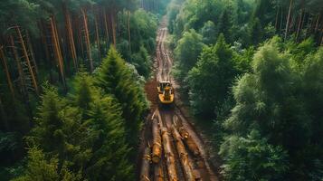 aéreo Visão do uma exploração madeireira Operação dentro uma denso floresta foto