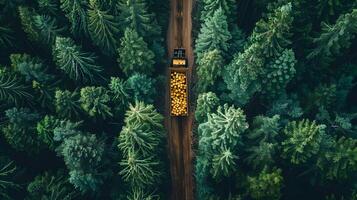 aéreo Visão do uma exploração madeireira caminhão transportando recentemente cortar madeira através uma denso floresta marquise. foto