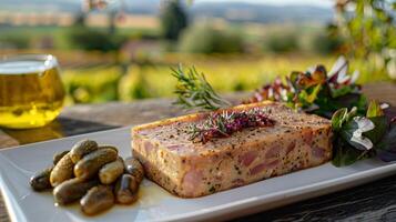 foie gras servido Como uma terrina em uma branco prato com uma borrado Vinhedo fundo. foto