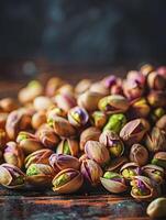 pistachios em de madeira superfície foto