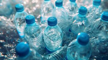 plástico água garrafas descendente para dentro uma reciclar bin, visto a partir de acima. foto