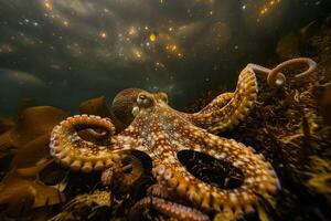 embaixo da agua estrelado noite polvo. foto