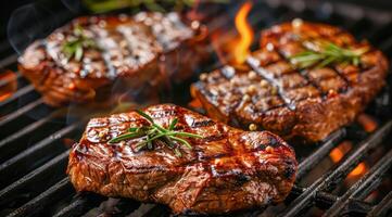 delicioso suculento carne bife é ser grelhado em uma quente grade com chamas e fumaça em torno da isto foto