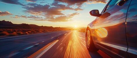 baixo ângulo Visão do uma moderno luxo carro em uma estrada viagem com uma pôr do sol dentro a fundo foto