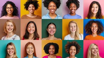 diverso grupo do mulheres posando para retratos. múltiplo retratos com colori fundos foto