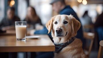 animal amigáveis lugares conceito. sorridente dourado retriever sentado às a mesa dentro uma cafeteria. emocional Apoio, suporte conceito. foto