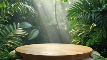 de madeira pódio dentro tropical floresta para produtos apresentação e verde fundo foto