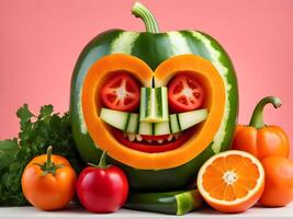 criativo flatlay face escultura do legumes e frutas, vegano conceito foto