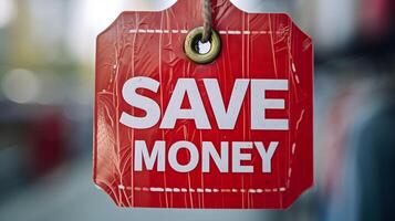 vermelho desconto tag com 'salvar dinheiro' escrito em isto. salvando dinheiro conceito foto