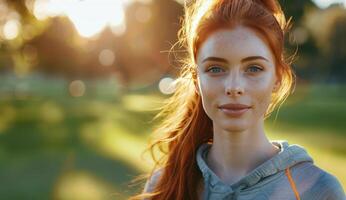 mulher com vermelho cabelo e azul olhos foto