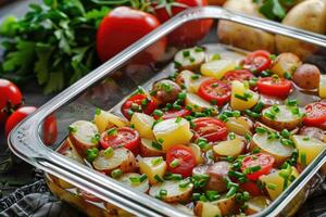 cozido batata, salsicha, tomate e ervas prato fechar-se foto