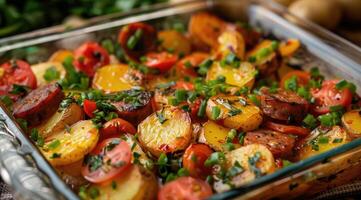 cozido batata, salsicha, tomate e ervas prato fechar-se foto