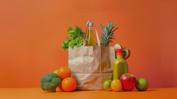 saudável Comida conceito com uma papel saco preenchidas com fresco legumes e fruta contra uma vibrante laranja pano de fundo foto