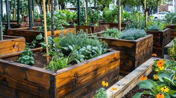 de madeira elevado camas dentro moderno urbano jardim com crescendo plantas flores ervas especiarias e legumes. foto