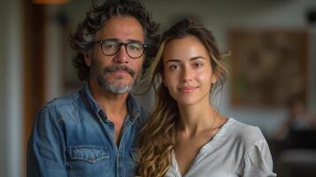 jovem casal vestindo oculos de sol e sorridente dentro frente do colorida parede foto