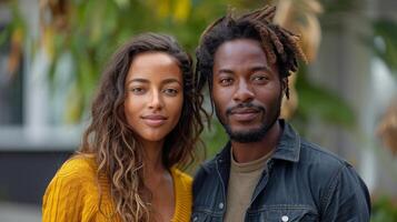 jovem casal vestindo oculos de sol e sorridente dentro frente do colorida parede foto