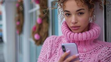 jovem mulher usando Smartphone dentro Rosa beco foto