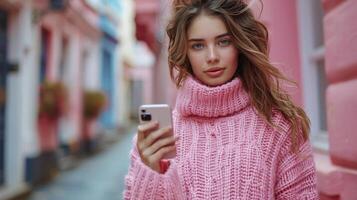 jovem mulher usando Smartphone dentro Rosa beco foto