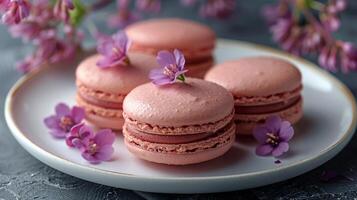 Rosa macarons com framboesa geléia o preenchimento em uma prato com roxa flores foto