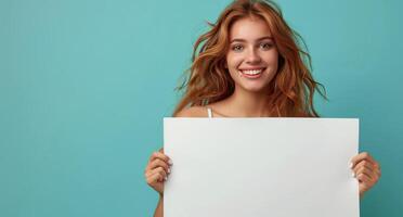 mulher segurando acima branco Folha do papel foto