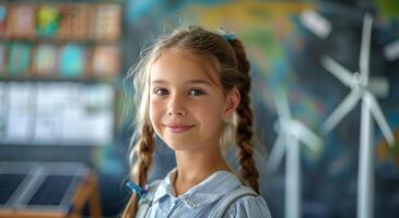 jovem menina sorridente dentro Sala de aula com vento turbina modelo dentro fundo foto