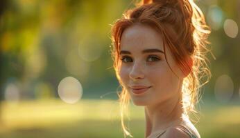 mulher com vermelho cabelo olhando às Câmera foto