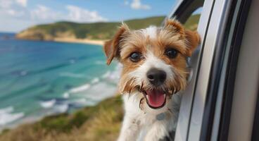 cachorro desfrutando carro passeio com cabeça Fora janela foto