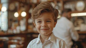 jovem Garoto com ondulado Loiras cabelo sorridente dentro uma café fazer compras foto