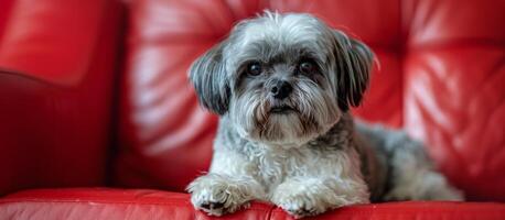 pequeno cinzento e branco cachorro sentado em topo do vermelho sofá foto