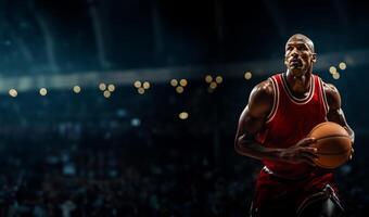 uma basquetebol jogador dentro uma vermelho uniforme detém uma bola dentro dele mãos. fundo com espaço para texto foto