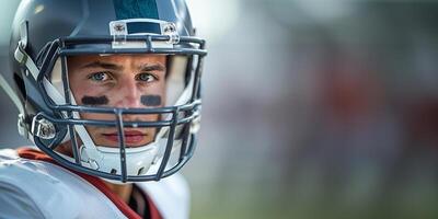 americano futebol jogador vestindo uma cinzento capacete e uma branco uniforme com Preto listras debaixo dele olhos. fechar-se do a face. cópia de espaço foto