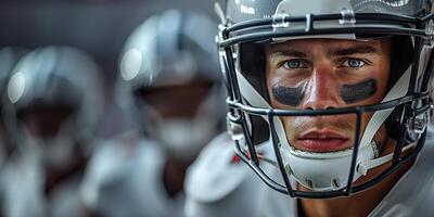 americano futebol jogador vestindo uma cinzento capacete e uma branco uniforme com Preto listras debaixo dele olhos. fechar-se do a face. a jogadoras do seus equipe estão dentro a fundo. cópia de espaço foto