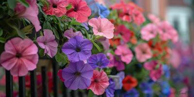 vibrante petúnia floresce dentro uma cidade sacada jardim foto