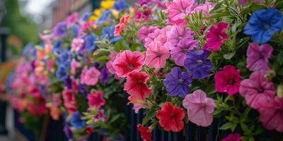 vibrante petúnia floresce dentro uma cidade sacada jardim foto