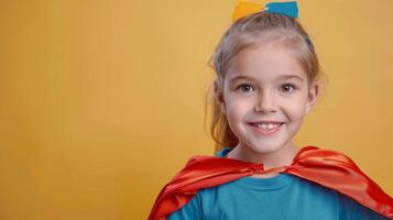 pequeno menina vestindo amarelo mascarar e capa foto