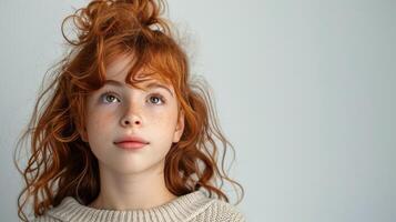 mulher com vermelho cabelo olhando às Câmera foto