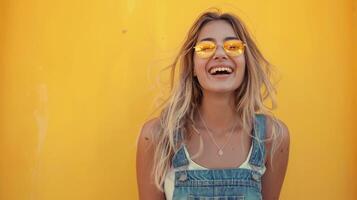 mulher vestindo amarelo oculos de sol dentro frente do amarelo parede foto