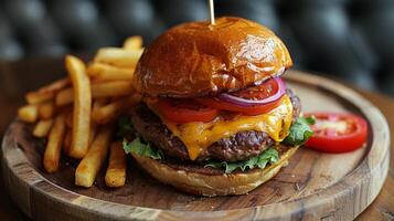 Hamburger e fritas em prato em mesa foto