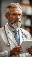 Senior masculino médico usando uma digital tábua para explicar uma diagnóstico para uma paciente foto