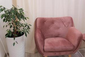 Rosa cadeira e vaso de flores contra uma fundo do bege cortinas interior relaxamento descansar dentro a corredor para quieto meditação foto