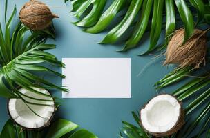 em branco papel cercado de cocos e folhas foto