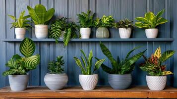 linha do em vaso plantas em de madeira estante foto