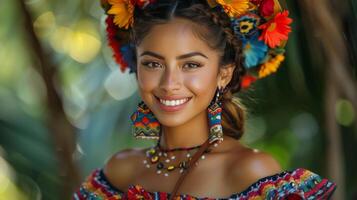 mulher dentro colorida vestir e flor cocar foto