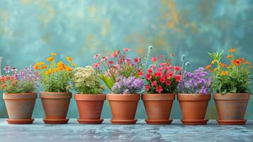 linha do em vaso plantas em de madeira mesa foto