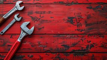 dois chaves e uma martelo em vermelho pintado de madeira superfície foto