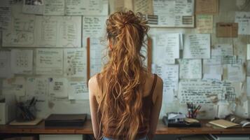 mulher com grandes cabelo em pé dentro frente do escrivaninha foto