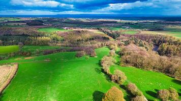 aéreo Visão do uma vibrante rural panorama com exuberante verde Campos, remendos do florestas, e uma Claro Visão estendendo para a horizonte debaixo uma parcialmente nublado céu. foto